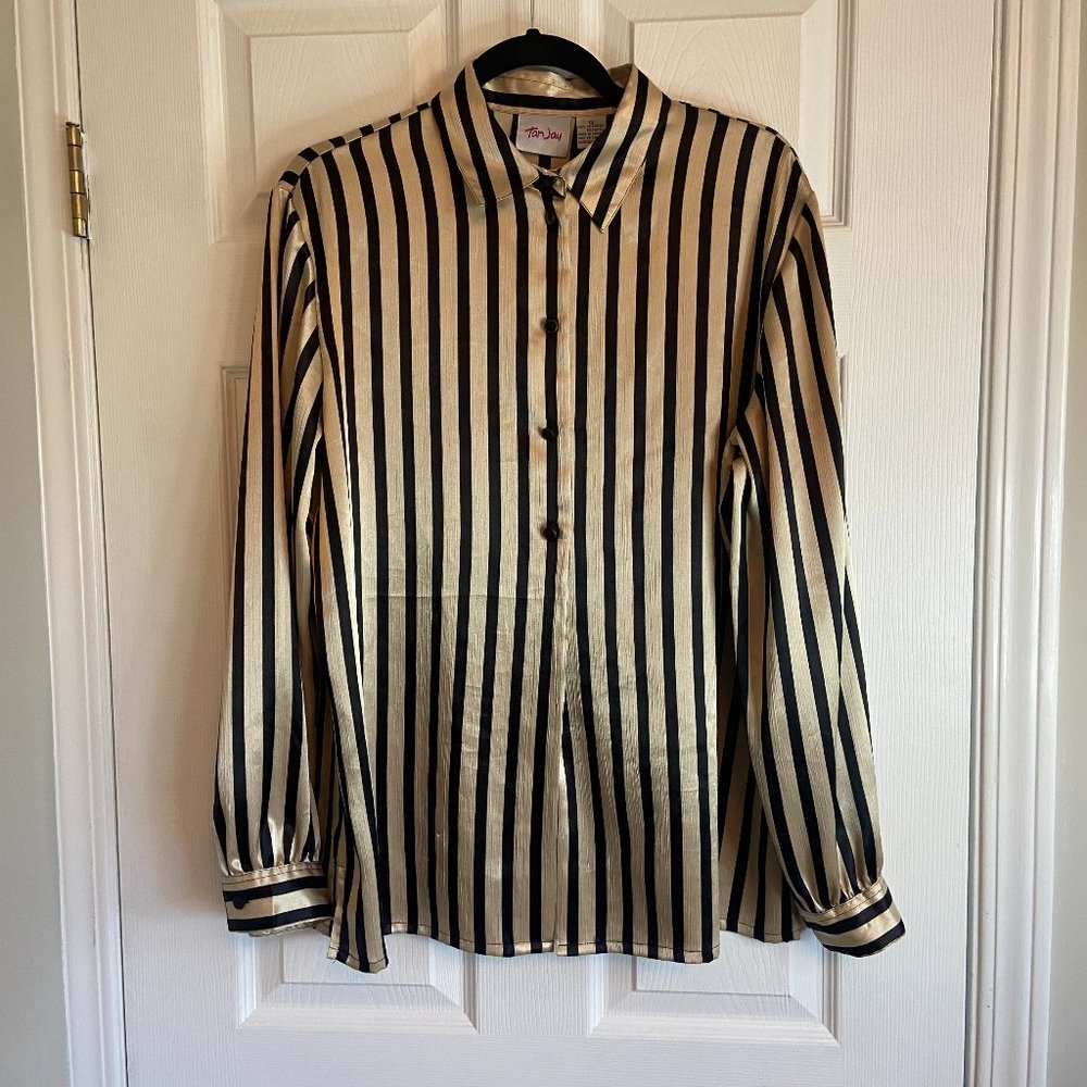 Vintage TanJay Buttoned Blouse Black and Gold Striped 12